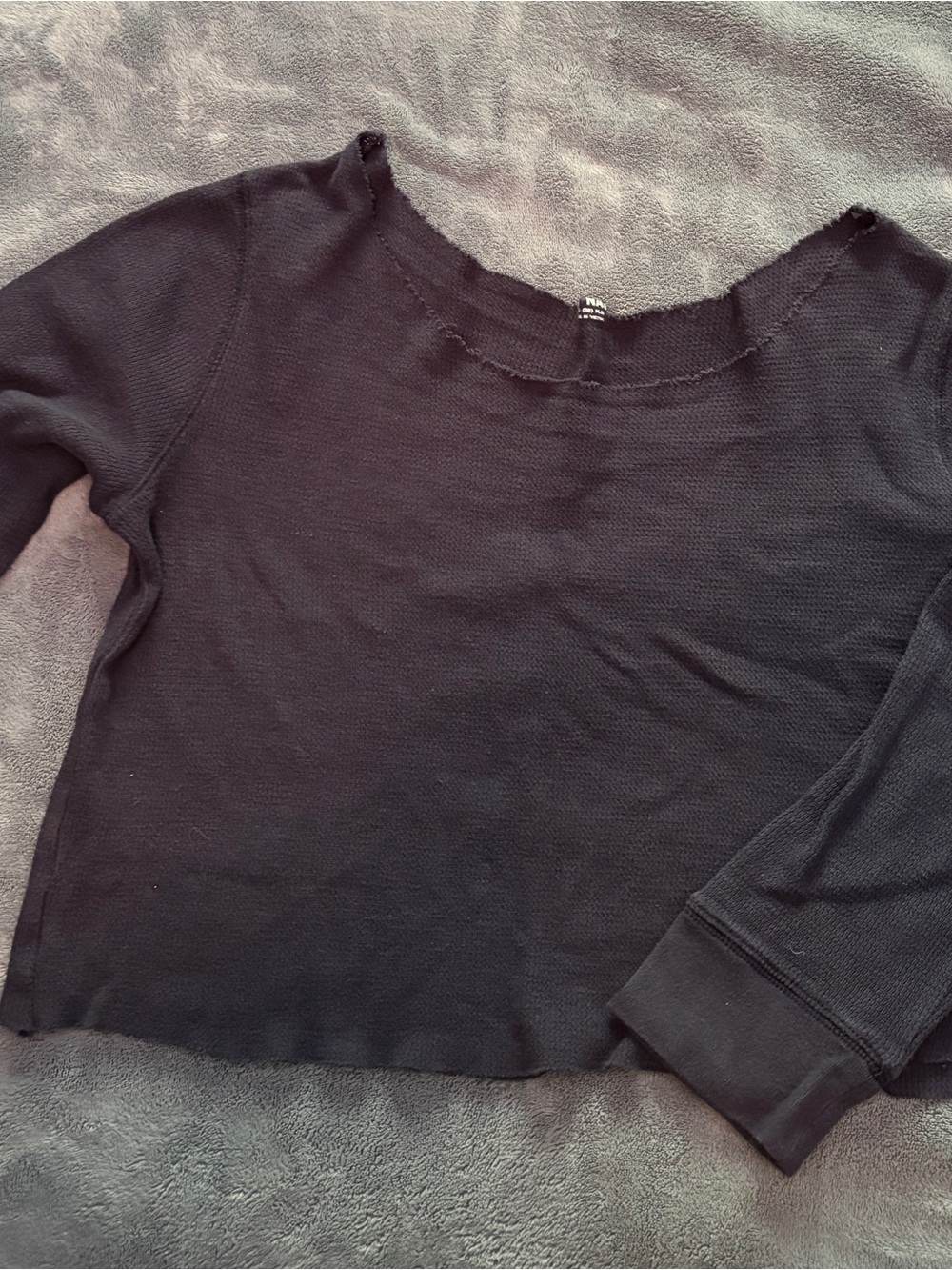 Navy Blue Cropped Off the Shoulder Long Sleeve Lightweight Thermal Top